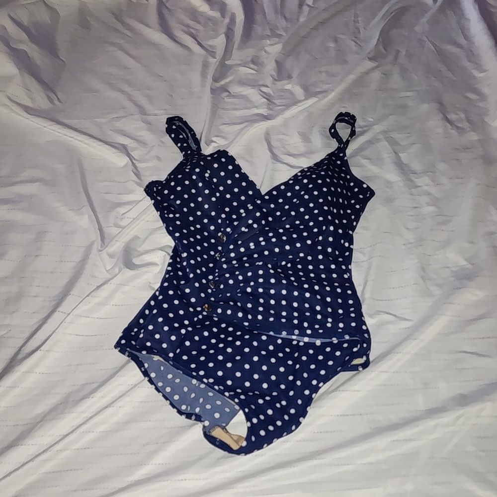 MAILLOT BATTE Size 14 Long Navy blue with white polka dots